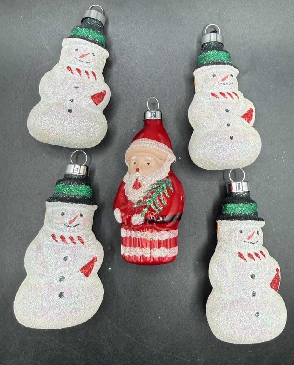 5 Pier 1 Glitter blown glass snowman & Santa Christmas ornaments EUC -LO31